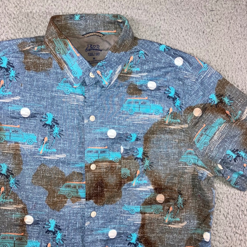 Izod Saltwater Button Up Shirt Men M Blue Tropical Surf Hawaiian Cotton Vacation